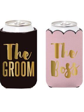 The Boss (Bride) & The Groom Set of 2 Insulated Can Koozie Cover for Weddings